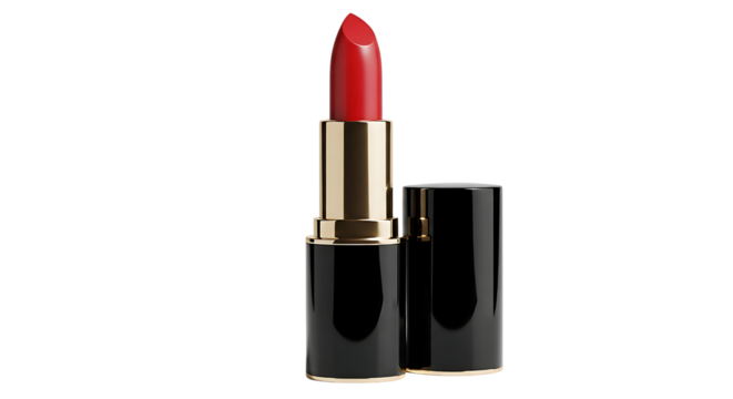 Elegant red lipstick in black and gold casing isolated on transparent background