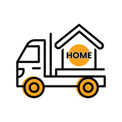Delivery truck carrying a house icon with the word home
