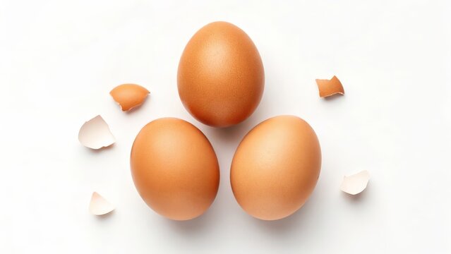 Three brown eggs arranged in a triangle on a white surface - Powered by Adobe