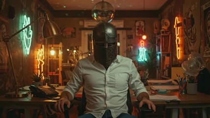 man in medieval knight's helmet sits at his desk in modern creative office. corporate warrior concept for business protection, security, and unconventional leadership. online gaming fan, historical re
