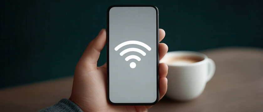 Smartphone held in hand showing wifi symbol with coffee cup blurred in background - Powered by Adobe