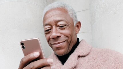 A man is smiling while looking at his phone. He is wearing a pink jacket and he is enjoying himself