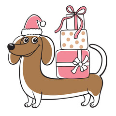 Cute Cartoon Dachshund Carrying Stacked Christmas Gifts And Wearing A Santa Hat In A Festive Holiday Scene. Illustration
