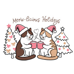 Cute Cats Wearing Santa Hats Drinking Hot Cocoa Beside Decorated Christmas Trees In A Cozy Holiday Scene. Illustration