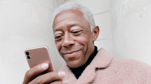 A man is smiling while looking at his phone. He is wearing a pink jacket and he is enjoying himself