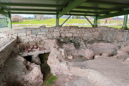 Pella, 22.01.2022, a city in ancient Greece, where Alexander the Great was born. An ancient archaeological site with standing stone columns arranged in rows.