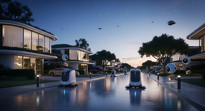 Futuristic suburban street scene with autonomous delivery robots at dusk.
