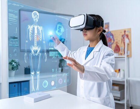 Young Girl in White Coat Uses VR Headset for Interactive Anatomy Study - Powered by Adobe