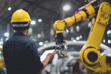 Engineer supervises automated robotic arm in modern factory, enhancing manufacturing efficiency and productivity through advanced technology solutions.