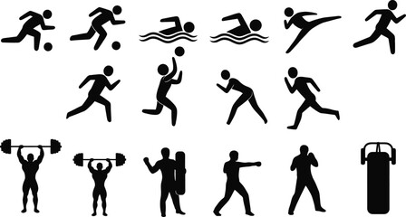 Collection of black sport icons on white background for design projects