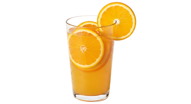 Refreshing orange juice in glass with orange slices isolated on transparent background - Powered by Adobe