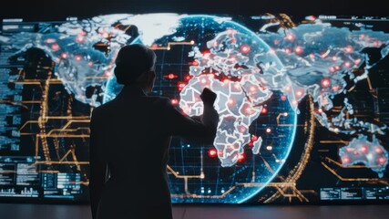 Businesswoman Interacting With Global Network Visualization on Screen - Powered by Adobe
