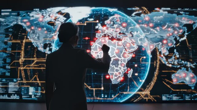 Businesswoman Interacting With Global Network Visualization on Screen - Powered by Adobe