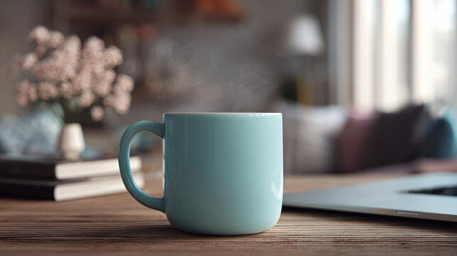 A cozy coffee mug on a wooden table with a blurred background. The mug is blue, and it has steam coming from it