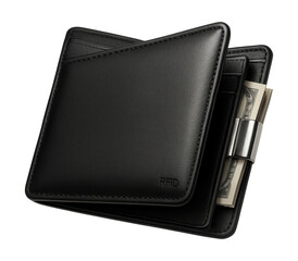 RFID-protected black leather money clip wallet.