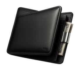 RFID-protected black leather money clip wallet.