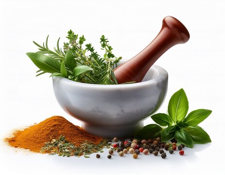 mortar and pestle with spices and herbs isolated on transparent or white background