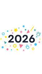 A festive image displaying the year 2026 surrounded by colorful geometric shapes, suggesting a celebration or anticipation of the upcoming year.