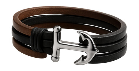Layered leather bracelet featuring a steel anchor detail.
