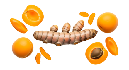 Turmeric root and apricot halves arranged creatively isolated on transparent background