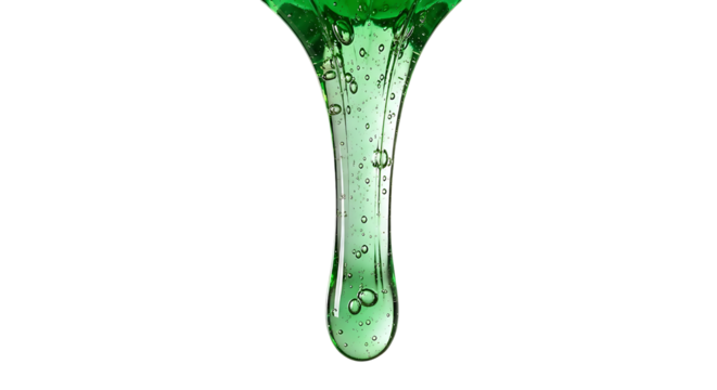 Emerald green liquid pouring down in a stream isolated on transparent background
