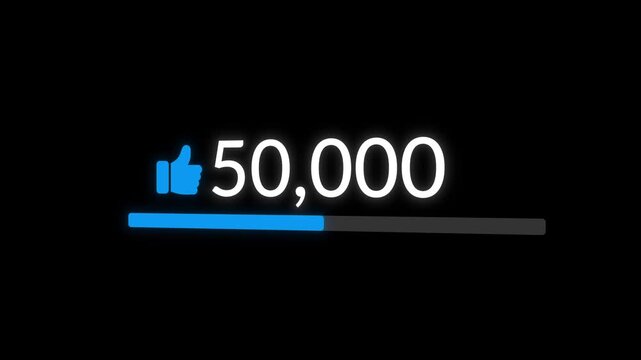 Social media like counter animation increasing smoothly from zero to one hundred thousand on black background