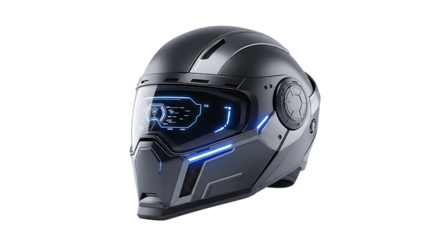Futuristic black motorcycle helmet with blue lights isolated on transparent background