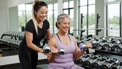 Senior woman lifting weights with personal trainer at modern bright gym