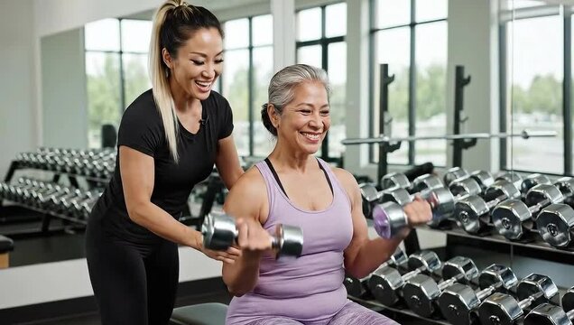 Senior woman lifting weights with personal trainer at modern bright gym
