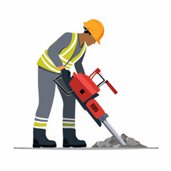 Fototapeta premium Construction worker operating jackhammer on demolition site, breaking concrete with heavy machinery in a demanding and physically intensive job.
