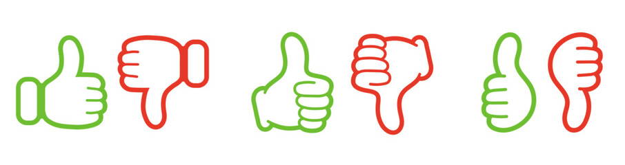 評価のマーク。親指を立てたアイコン、親指を下げたアイコン。漫画風のグッドサイン。