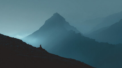A solitary figure contemplating the breathtaking mountain range in the misty atmosphere