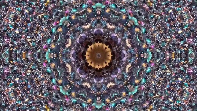 Intricate kaleidoscopic pattern in vibrant jewel tones, creating a mesmerizing mandala effect.