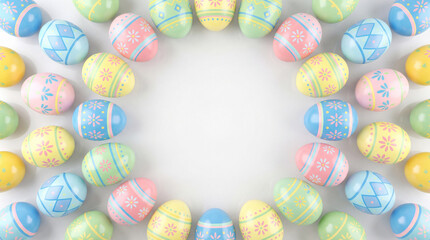 Decorative Easter eggs arranged in circle on white background  