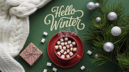 Cozy winter scene with hot chocolate and festive decorations flat lay