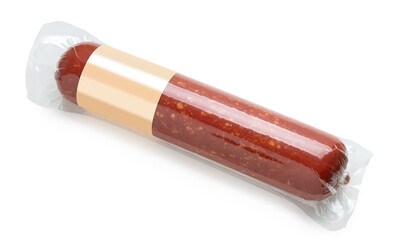 smoked sausage in packaging on a white isolated background