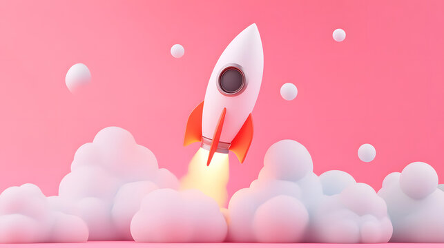 A Rocket Launching into the Sky with Clouds and Bubbles