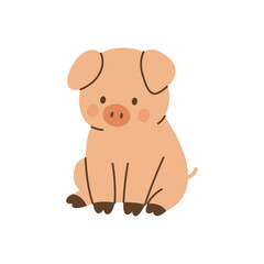 Cute cartoon piglet sitting with round cheeks. Adorable flat farm animal vector illustration for childrens designs and education