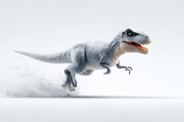 Fierce dinosaur running in dynamic pose. An extinct predator animal monster kicking up dust on white background