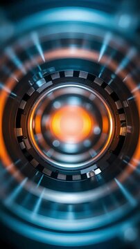 Futuristic glowing orange and blue circular machine core with light rays abstract technology