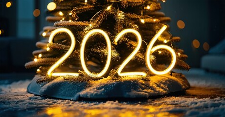 Bright glowing numerals 2026 adorn festive evergreen tree. Snow covers base, warm lights create cozy atmosphere. Holiday season.