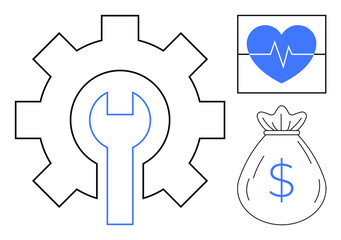 Gear and wrench symbolizing repair, heartbeat for health monitoring, and money bag for financial investment. Ideal for maintenance, healthcare, finance, productivity, planning, diagnostics simple