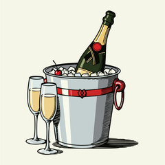 Champagne Celebration Elegant Illustration Featuring Chilled Bottle, Glasses, and Ice Bucket