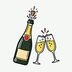 Celebration Popping Champagne Bottle with Sparkling Toasting Glasses