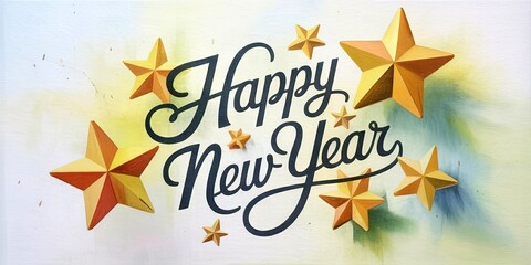Gold stars surround the dark Happy New Year text on a light background