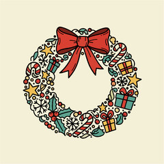 Joyful hand-drawn vector illustration of a festive Christmas wreath, adorned with a classic red bow, stars, candy canes, and gift boxes, perfect for holiday greetings and decorations