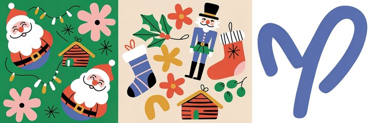 Cheerful Santa, the Nutcracker, festive flowers and a blue swirl spread winter joy