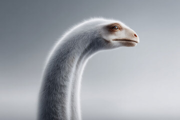 Majestic gentle brontosaurus, furry white dinosaur creature with long extended neck on simple white background