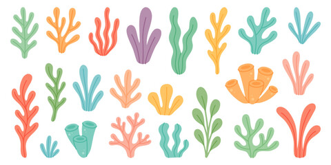 Cartoon coral and seaweed collection in flat style. Colorful underwater plants for marine and ocean-themed designs © Lifeking