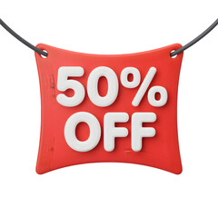 50_ Off sale Banner 3d icon in cartoon plastic style minimal isolated on transparent white background, clipping path